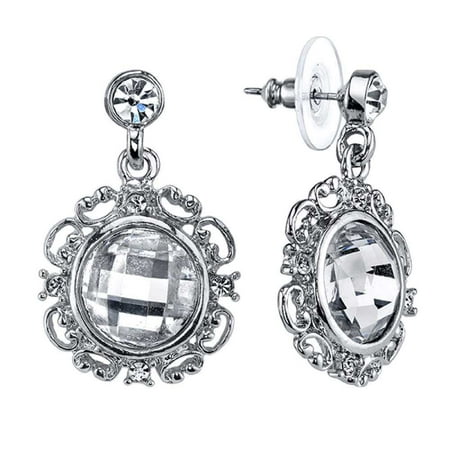 Silver-Toned Crystal Glace Round Vintage Costume Drop Earrings