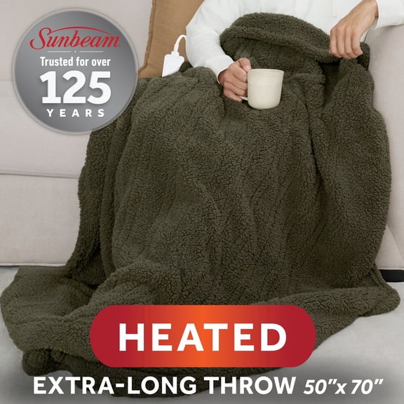 Sunbeam Heated Khaki Green Throw Blanket Faux Shearling Foot Pocket 4 Heat 50x70