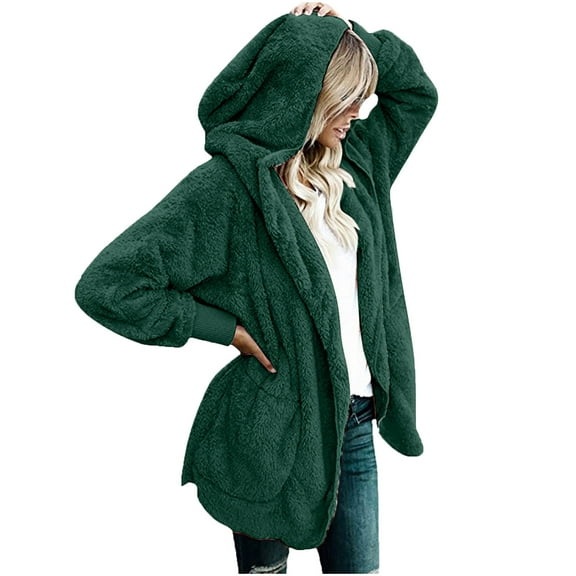 Holiday Deals yievot Winter Coat for Women Open Front Hooded Fuzzy Fleece Jacket Long Sleeve Cardigan Outerwear with Pockets On Clearance