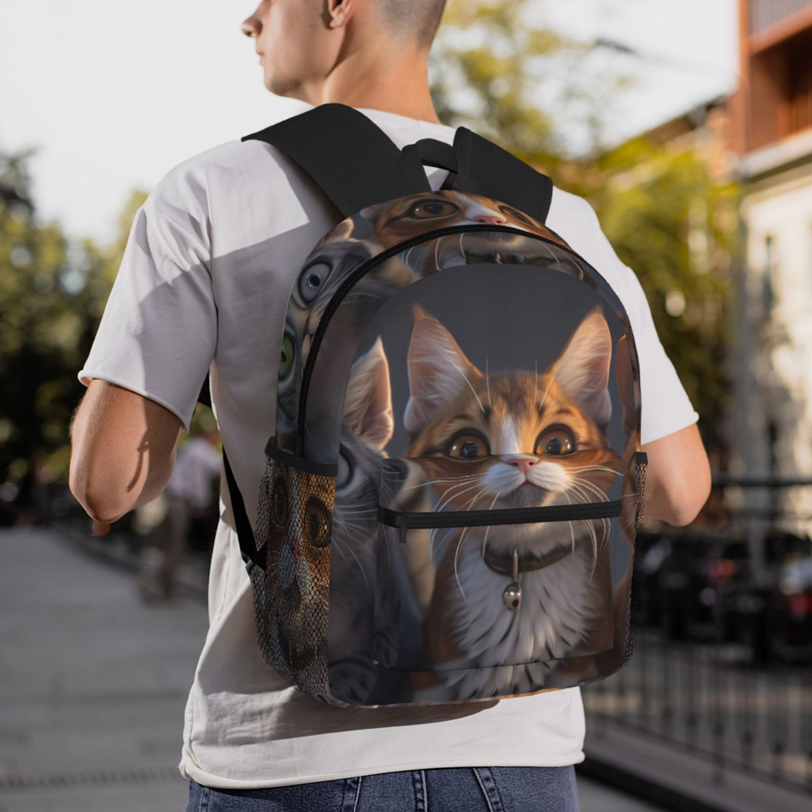 Gukieu Wide Eyed Cartoon Cats Print Backpack, Waterproof Backpack with Adjustable Shoulder Straps, Suitable for Campus, Business, Travel, Unisex