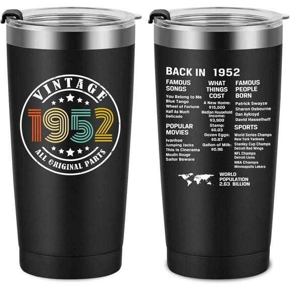70th Birthday Gifts for Men Women Friends, Tumbler 20 oz Stainless Steel Vacuum Insulated Tumblers, Double Sided Printed Birthday Thermos cup, Back in 1952 Old Time Information - Black