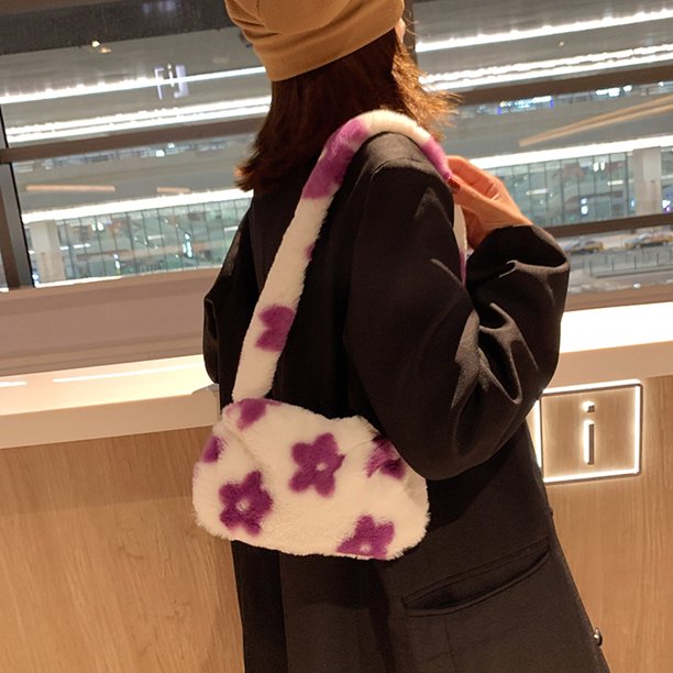 Bolso retro para mujer con estampado de flores y axilas, Bolso de invierno de felpa (púrpura)