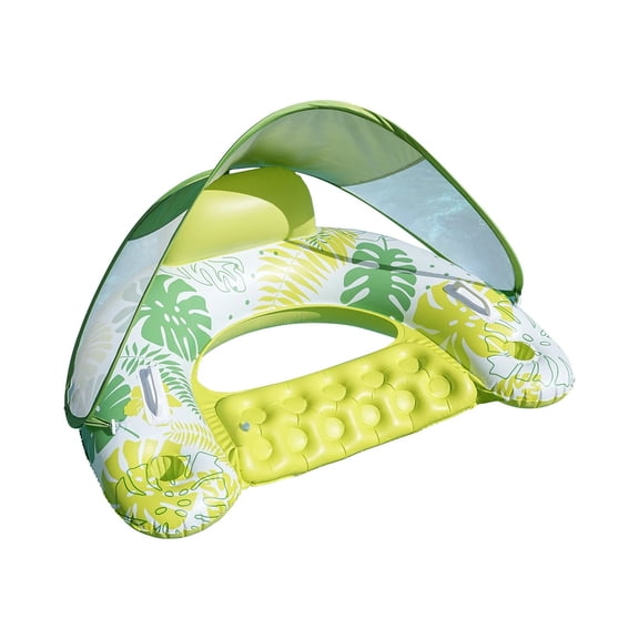 Inflatable Pool Float Lounge with Sun Canopy U-Shaped Water Floating Recliner Chair with Cup Holders  Raft for Pool Beach