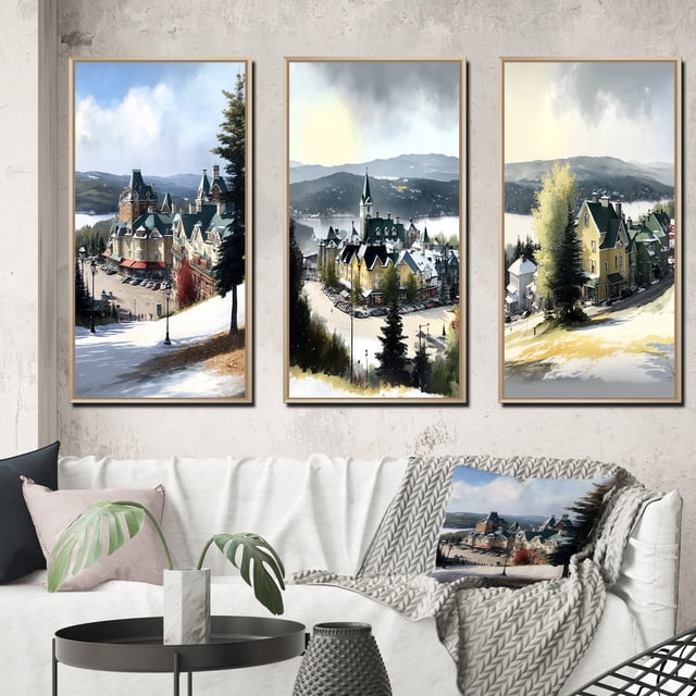 Designart "Winter s Magic at Mont Tremblant II" Forest Framed Wall Art Set Of 3 - Green Traditional Frame Canvas Set For Living Room Decor