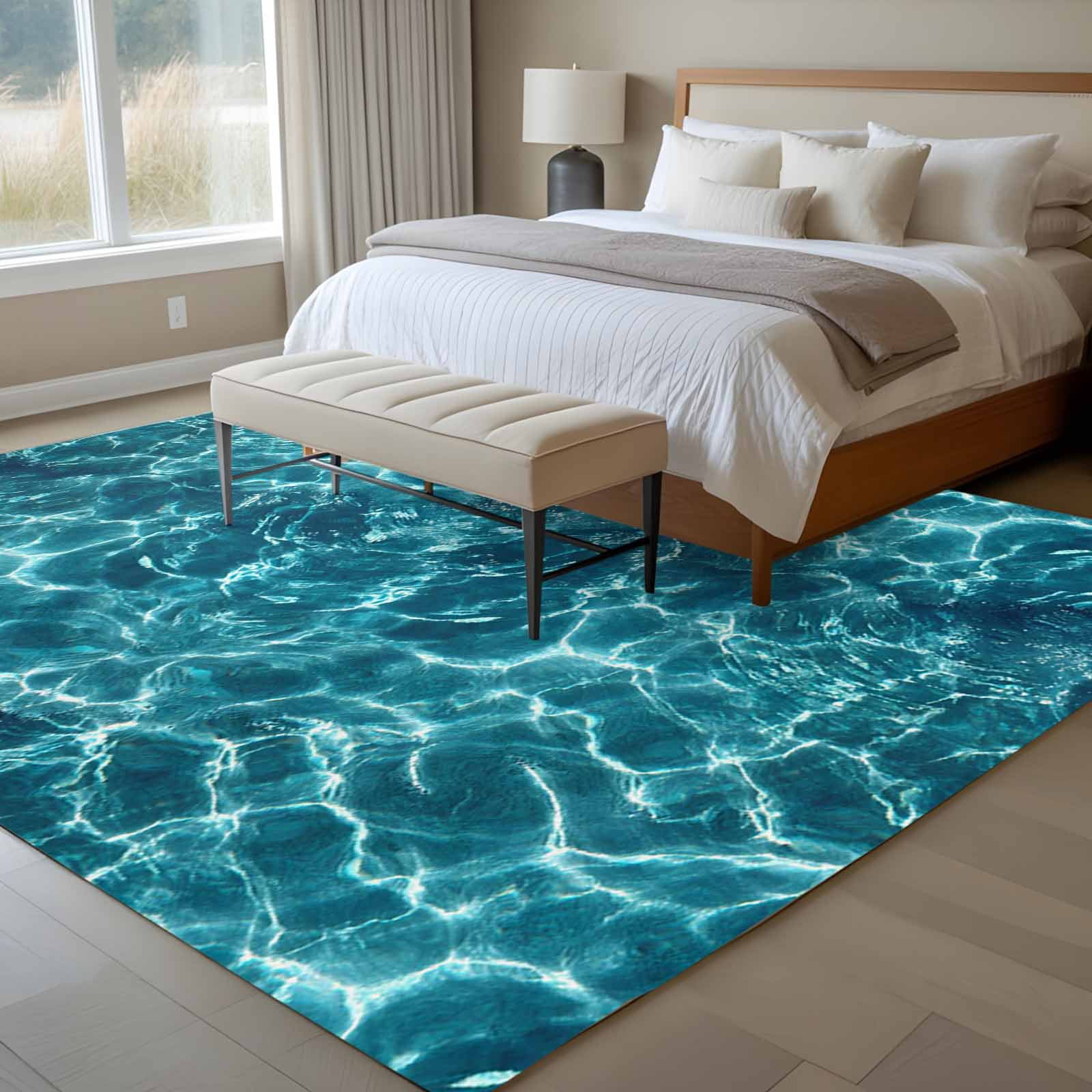 Large Area Rugs for Living Room Bedroom, Teal Green Ocean Waves 5'x8' Rug Washable Carpet Runner Indoor Outdoor, Summer Sea Pool Non Slip Floor Mats Rug for Kitchen, Bathroom