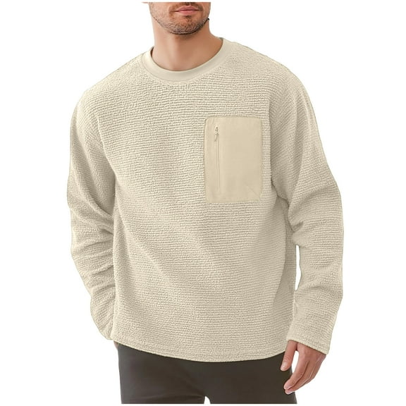 Plebaso Men's Long Sleeve Tops Thermal Pullover with Zipper Pocket Fleece Crew Neck Casual Tshirts for Men