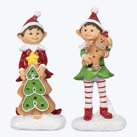YI Christmas Decor - Gingerbread Elf Elves Standing Resin Figurines 2pc