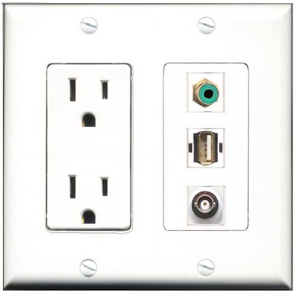 RiteAV - 15 Amp Power Outlet 1 Port RCA Green 1 Port USB A-A 1 Port BNC Decorative Wall Plate