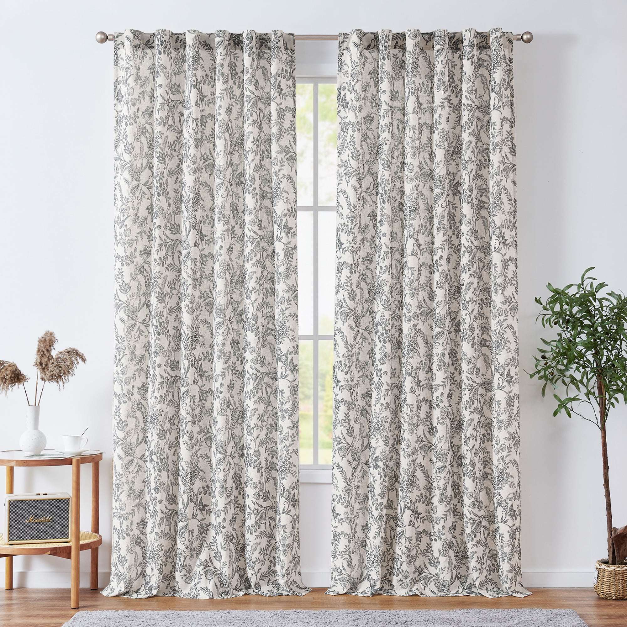 Curtainking Floral Curtains Linen Farmhouse Curtains for Living Room 84 inch Country Curtains Back Tab Semi Sheer Curtains Light Filtering 2 Panels Black on Beige