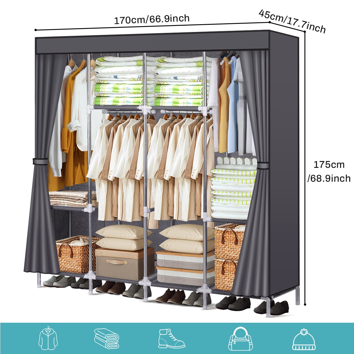 Portable Closet, Extra Large Wardrobe with Zippered Cover, 4 Hanging Rods & 8 Shelves, Sturdy Storage Organizer for Home