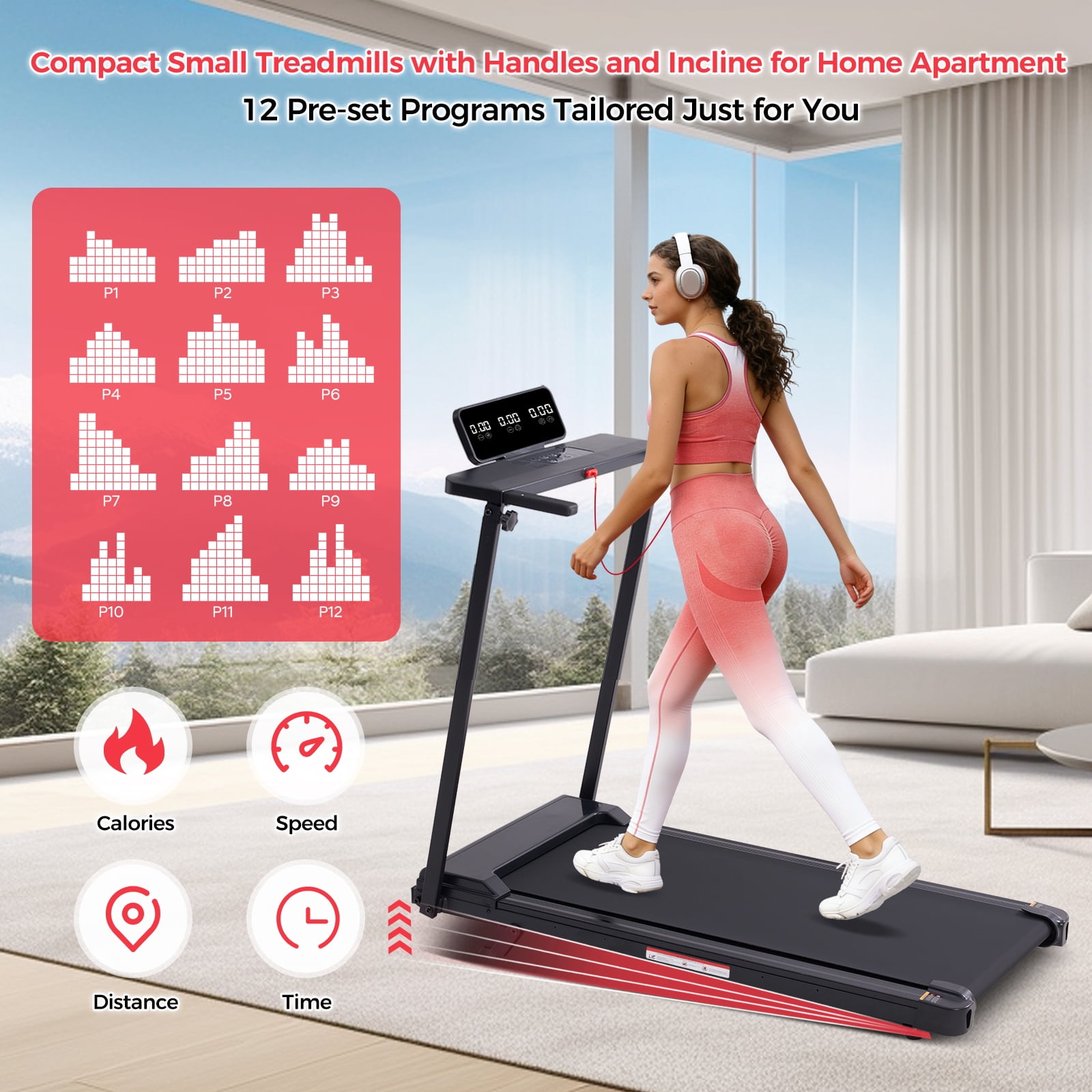 KASSADIN Portable Treadmill for Home Exercising, 3.5HP Walking Pad Treadmill with Handle Bar, 0.6-10MPH Foldable Electric Treadmills for Home Small with 12 Preset Progarms, 400LBS