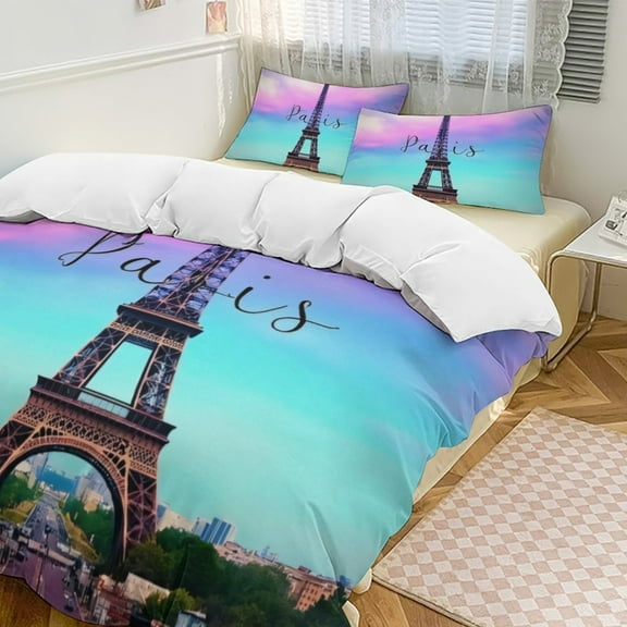 Paris Eiffel Tower Skyline Bedding Set Couple Bedclothes Pillowcase Customized Home Textiles Bed Set for Bedroom Decoration