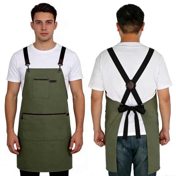 UNIWELL Shop Aprons for Gardening Painting Cooking Barista Bartender Work, Cross Back Strap Adjustable for Men Women Apron with Large Pocket, Canvas Chef Apron for Kitchen Baking Grilling plus size