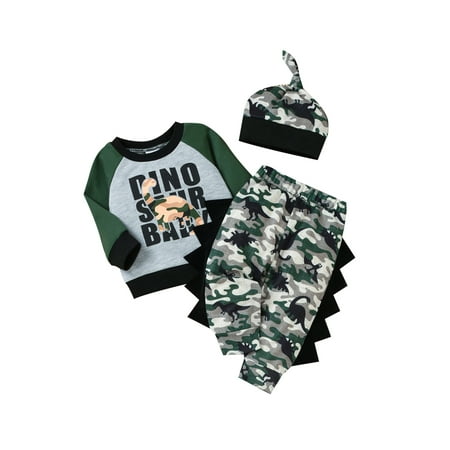 

Kiapeise 3Pcs Baby Boy Fall Winter Dinosaur Suit Long Sleeve Letter Printed Tops + Camouflage Trousers + Hat