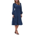 thumbnail image 2 of Vestido V de Cuello Inspire Chic para Mujer con Mangas de Linterna, Volantes, Corte A, Elegante, Casual, Midi, Talla XL, Azul Oscuro, 2 of 6