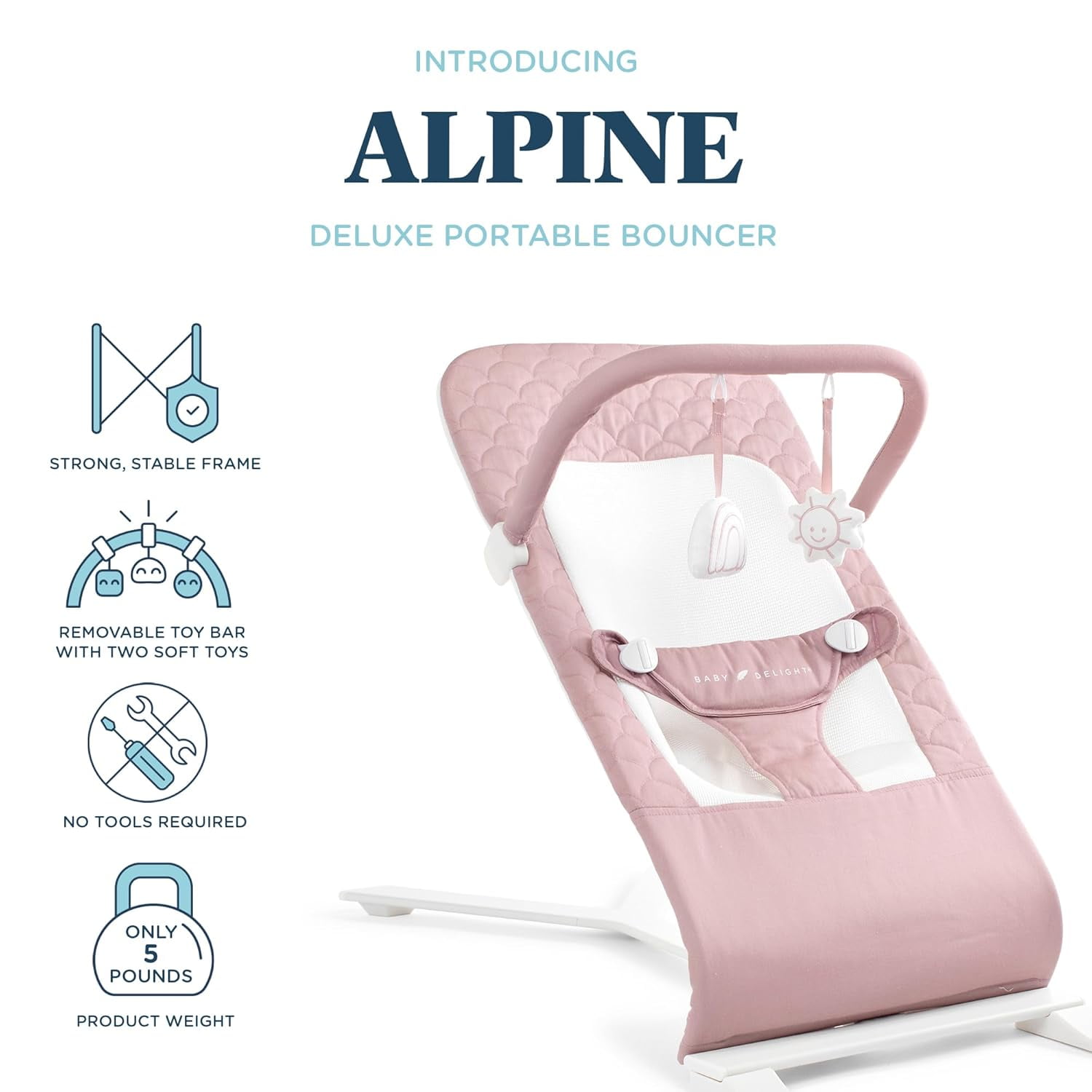Baby Delight Alpine Organic Deluxe Portable Bouncer, Lightweight, Travel-Ready & Adjustable Recline, Organic Rose