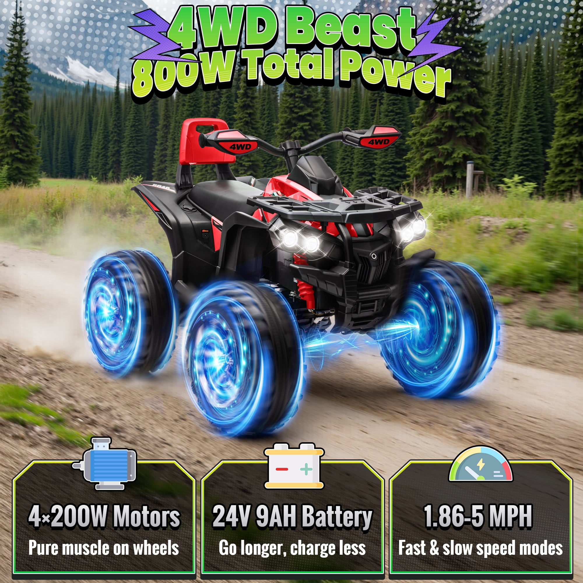 Joyracer 4WD ATV for Kids, 24 Volt Ride on Toys, Power ATV Wheels with 800W Motor, Remote, Bluetooth Music, Horn, LED for Big Kids Gift, Red