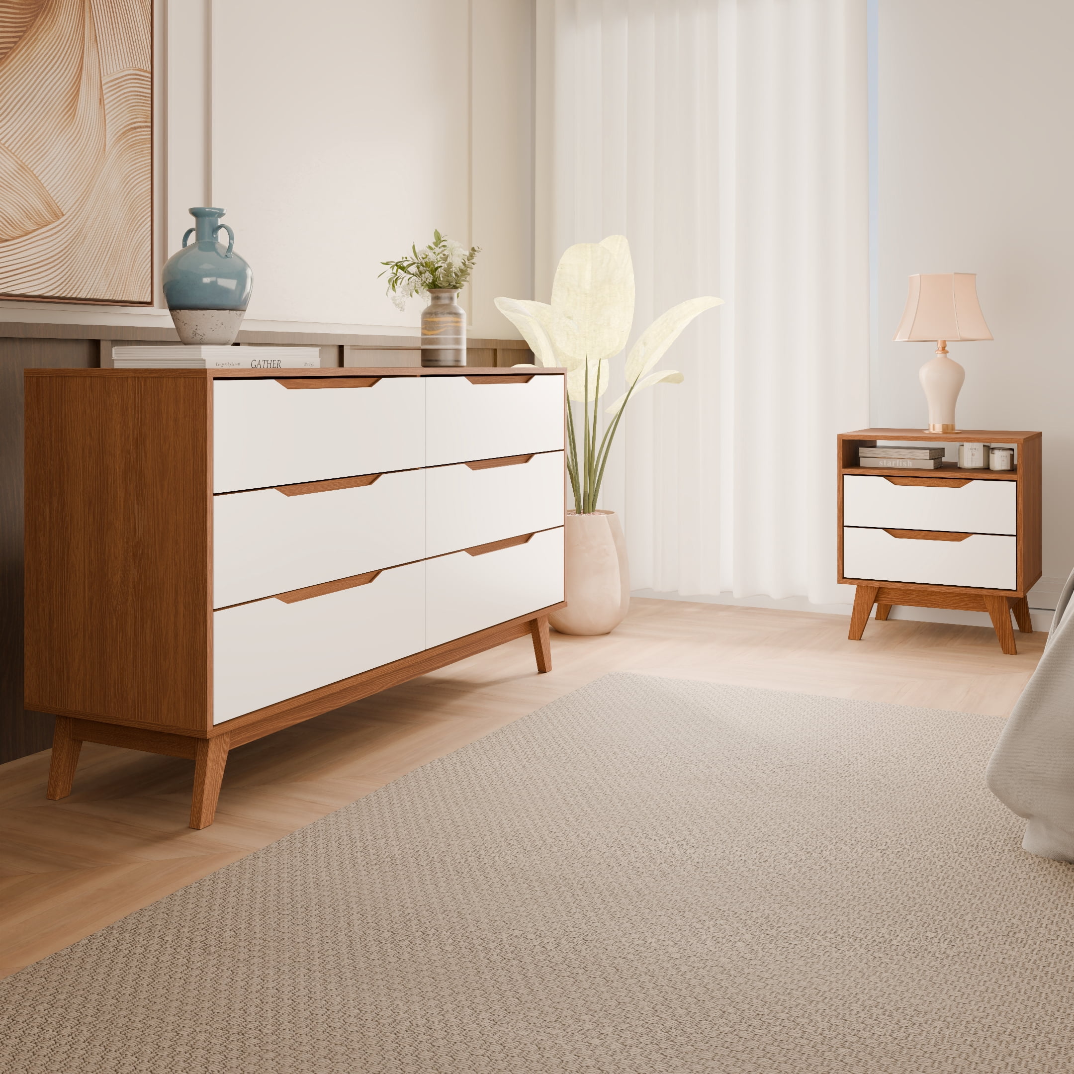 Kappesberg Bedroom Furniture Set with 6-Drawer Dresser and 2-Drawer Nightstand Golden Oak/White – Modern Storage Combo
