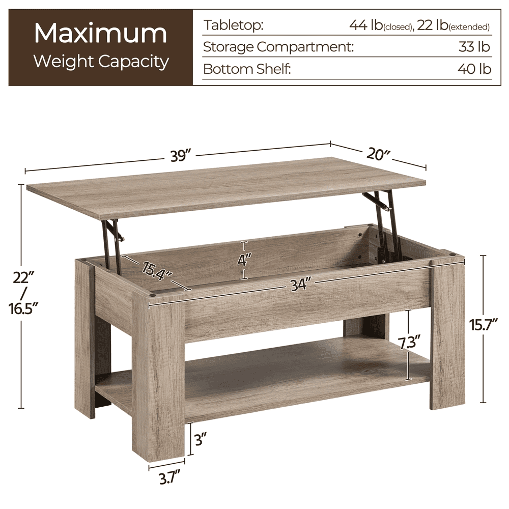 Yaheetech 39in Lift Top Coffee Table with Hidden Compartment and Open Shelf, Gray