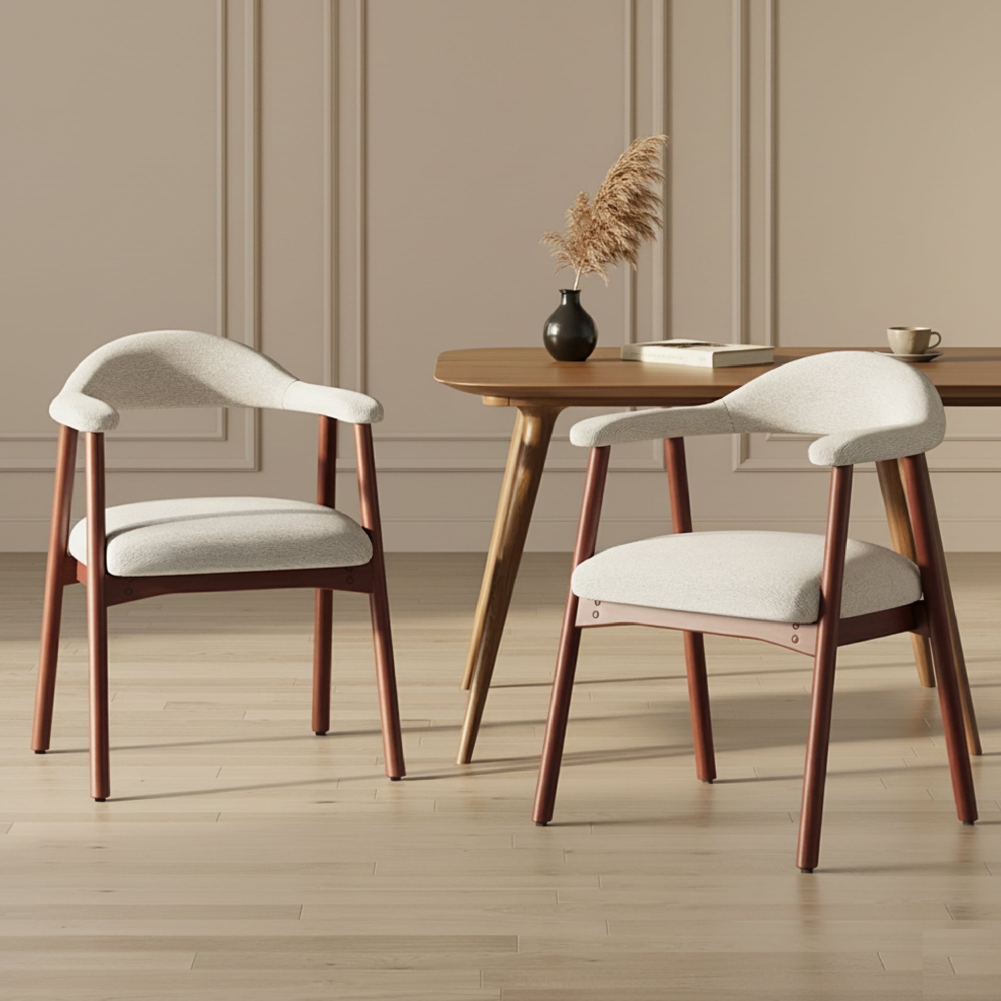 AFO Upholstered Dining Chairs Set of 2, Mid-Century Modern Fabric Kitchen Arm Chairs with Rubberwood Frame, Beige