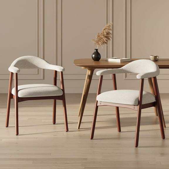 AFO Upholstered Dining Chairs Set of 2, Mid-Century Modern Fabric Kitchen Arm Chairs with Rubberwood Frame, Beige