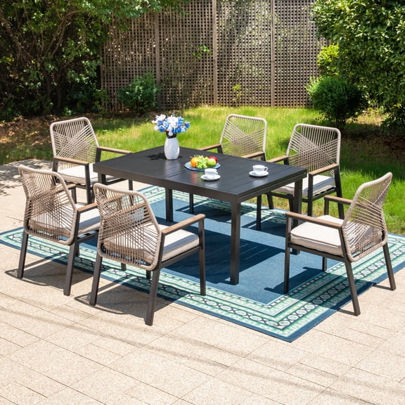 MF Studio 7-Piece Outdoor Dining Set with Cushioned Rattan Chairs and Large Extendable Table for 6-Person, Black and Beige