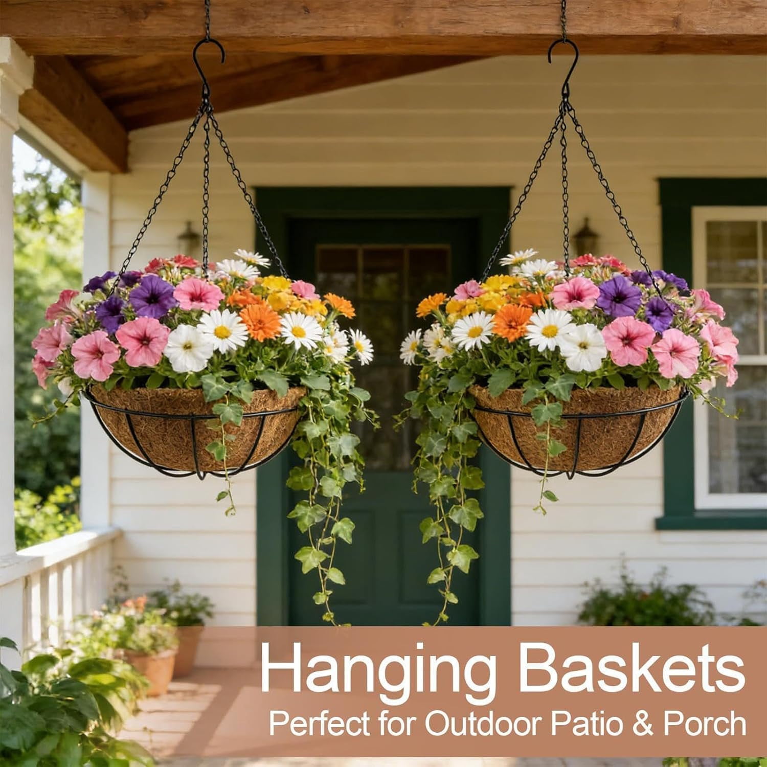 12" Hanging Plant Basket with Coco Coir Liner, 2 Pack Metal Wall Planters with Chains for Outdoor Indoor Plants, Garden Patio Porch Decor (k)