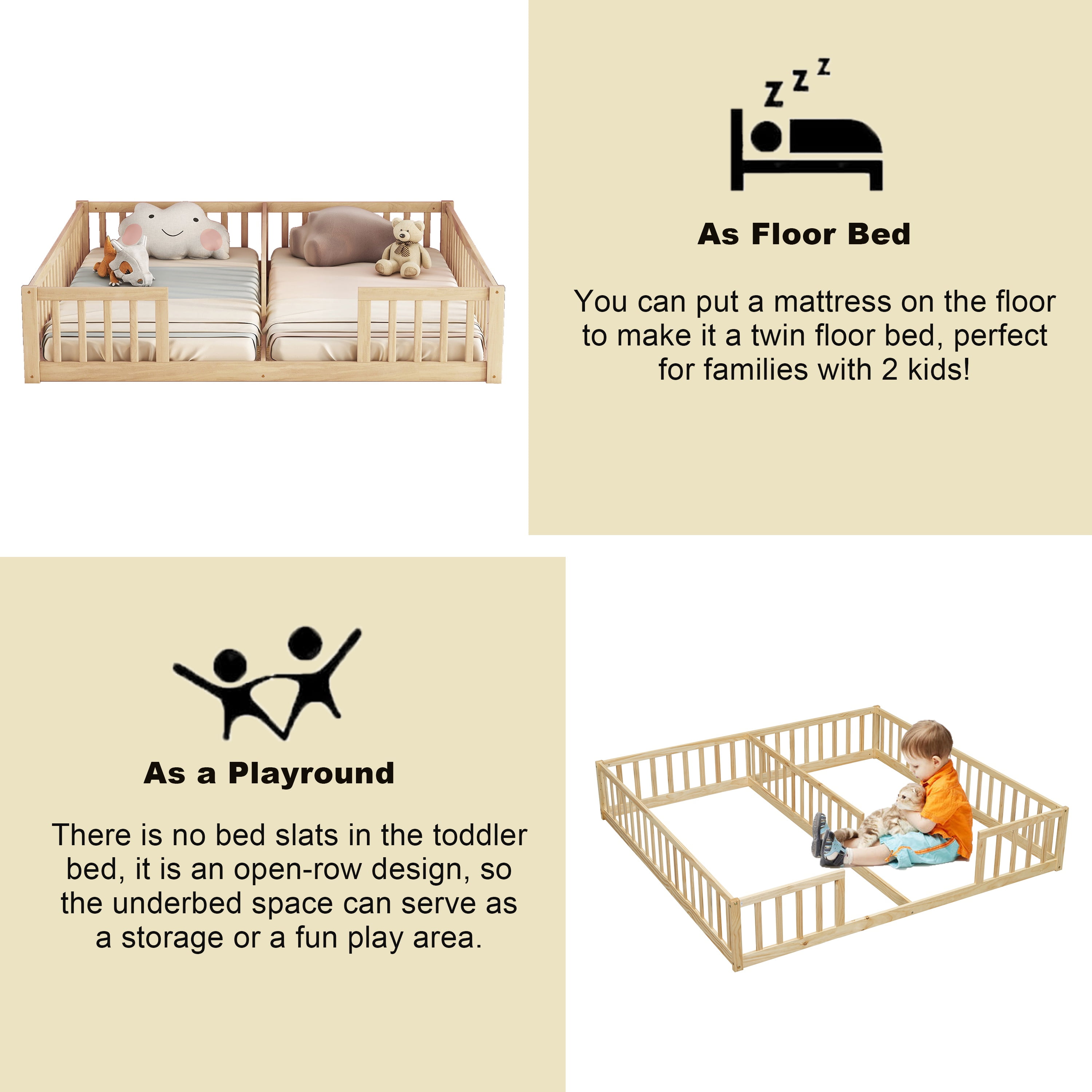 Bellemave Twin Floor Bed for 2, Wood Double Floor Bed with Fence,Two Montessori Bed Side by Side for Bedroom (Natural)