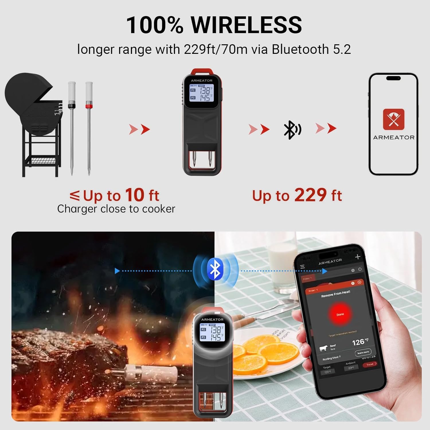 Dual Probe Wireless Meat Thermometer with App - Long Range Rechargeable BBQ Grill Smoker Oven Air Fryer Cooking Tool