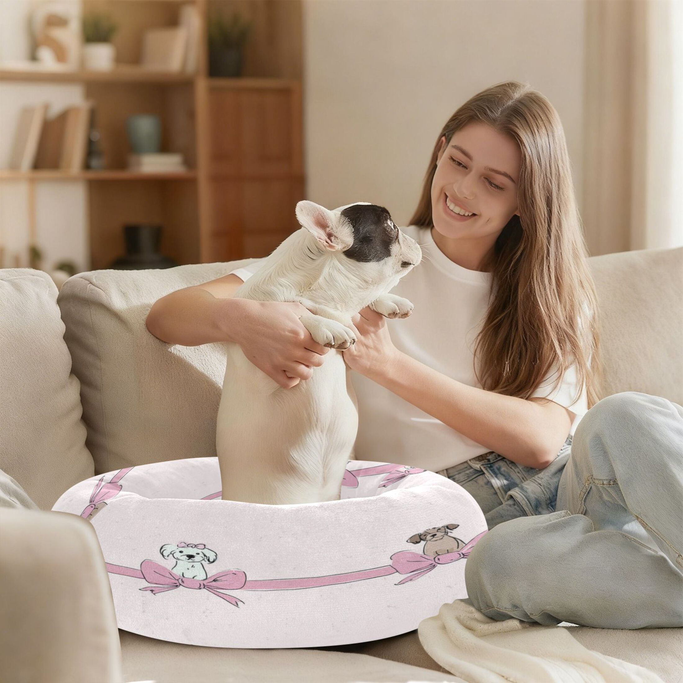Iauyy Pet Couch Donut Cat Bed for Indoor Cats/Small Dogs Washable & Machine with Non-slip Bottom Calming Cat Furniture, Cute Little Dog (M)