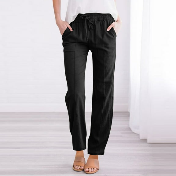 Dgankt Breathable Linen Pants Women's Tapered Pants 100% Linen Drawstring Back Elastic Waist Ankle Length Pants Loose Fit Wide Leg Pants Plus Size Womens Clothing