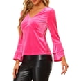 thumbnail image 4 of INSPIRE CHIC Women's Christmas V Neck Velvet Blouse Halloween Party Flare Long Sleeve Peplum Top S Hot Pink, 4 of 6