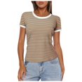 thumbnail image 1 of TSADFHJI Christmas Shirts Women Plus Women Summer Short Sleeve Shirts Crewneck Striped Color Block T Shirts Slim Fit Ribbed Knit Basic Tee Tops L Khaki, 1 of 5