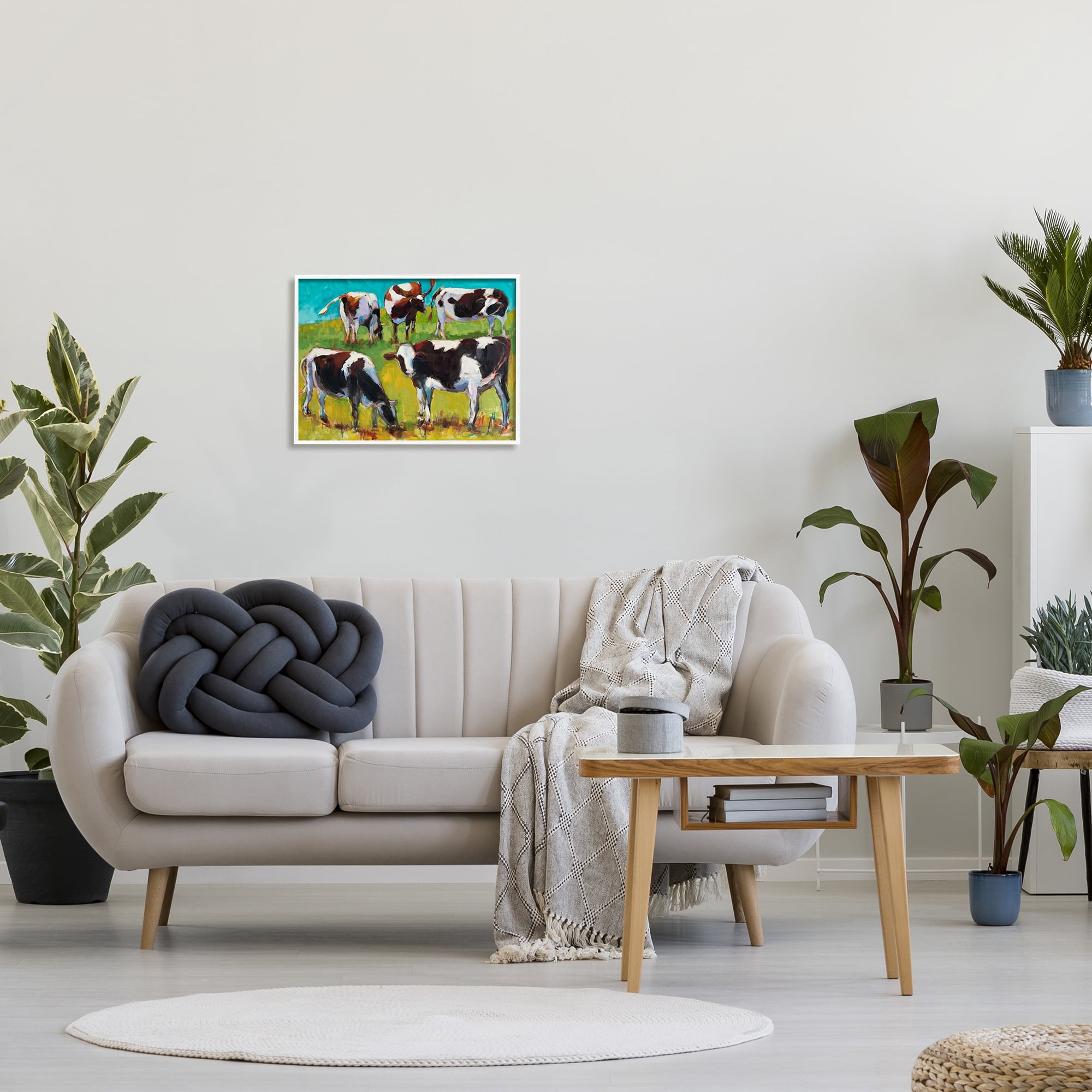 Stupell Industries Cows Grazing Modern Painting Animals & Insects Painting White Framed Art Print Wall Art, 20 x 16
