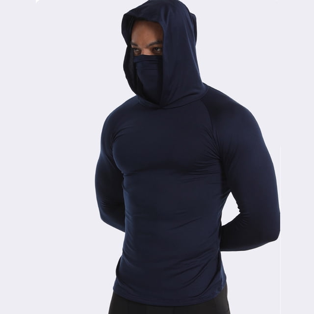 Xdegoge Hooded Shirt for Men Long Sleeve Quick Dry Sun Protection Rash Guard with Built In Face Mask Compression Slim Fit Workout Top Breathable Lightweight Gym Running