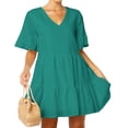 thumbnail image 3 of FANCYINN Women’s Sweet Shift Tunic Dress Short Bell Sleeve V Neck Causal Swing Red Ruffle Mini Dress with Pockets Peacock Green XS, 3 of 6