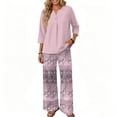 thumbnail image 4 of 2 Piece Lounge Set Women Vacation Dressy Outfits 3/4 Sleeve V Neck T Shirt & Wide Leg Pants Sets Cozy Cruise Clothes, 4 of 6