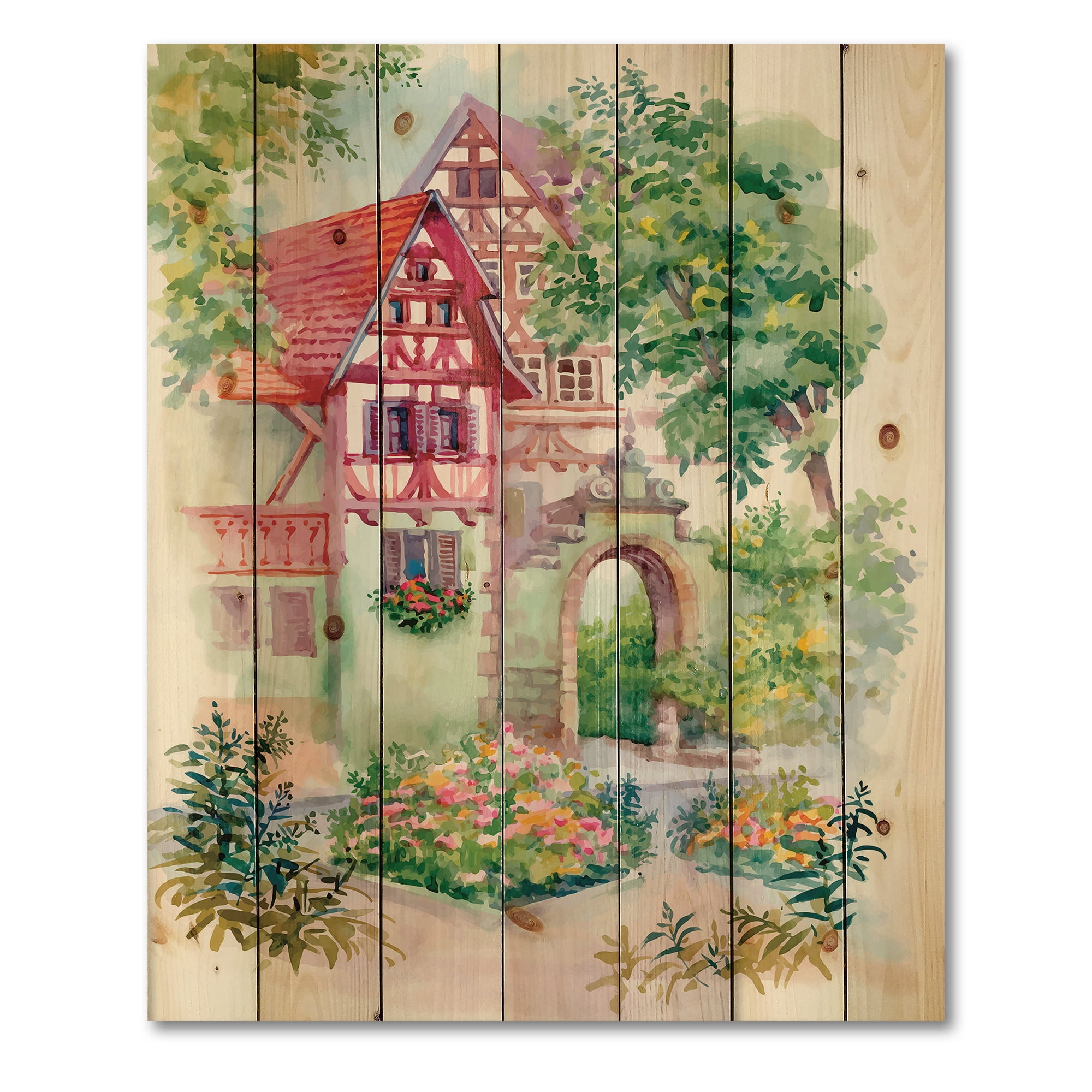 Designart 'Red Rustic House In The Country Side Landscape' Traditional Print on Natural Pine Wood