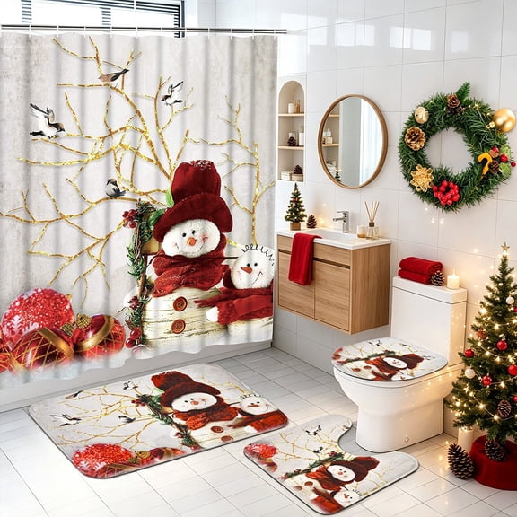 FRAMICS Christmas Shower Curtain Sets with Rugs, 16 Pc Winter Snowman Bathroom Sets, Xmas Waterproof Fabric Bathroom Curtain Decor with Hooks