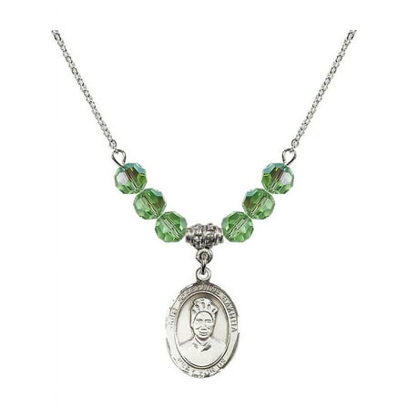 18-Inch Rhodium Plated Necklace with 6mm Green August Birth Month Stone Beads and Saint Josephine Bakhita Charm