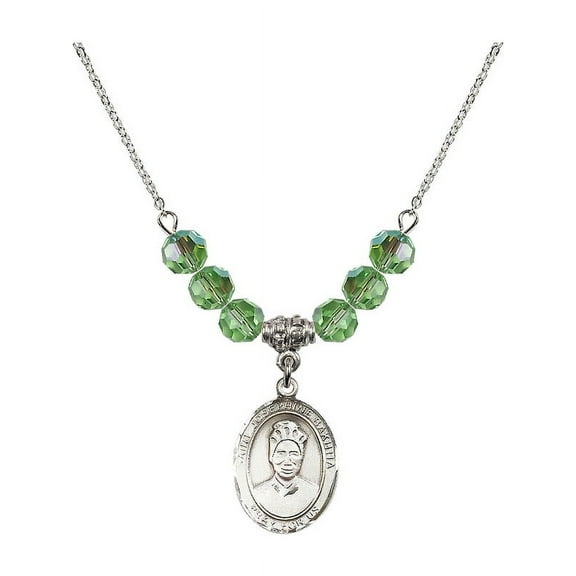 18-Inch Rhodium Plated Necklace with 6mm Green August Birth Month Stone Beads and Saint Josephine Bakhita Charm