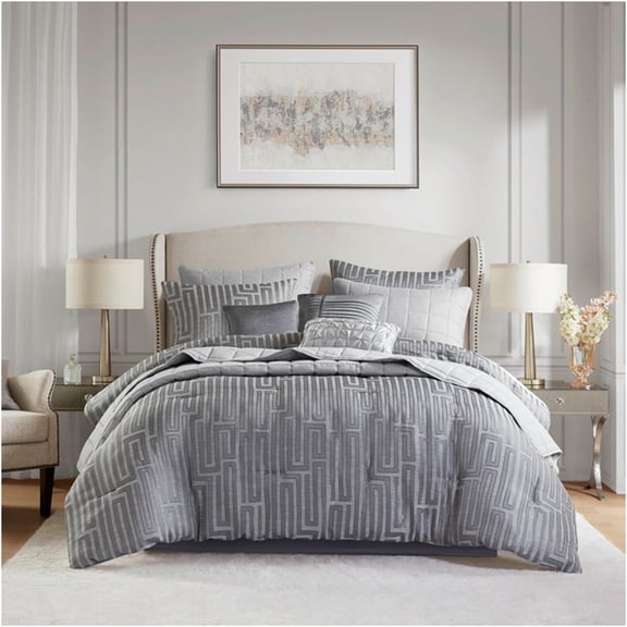 JERFIT 10-Piece California King Comforter & Quilt Set with Metallic Jacquard, Grey Bedding Ensemble for All-Season Luxury