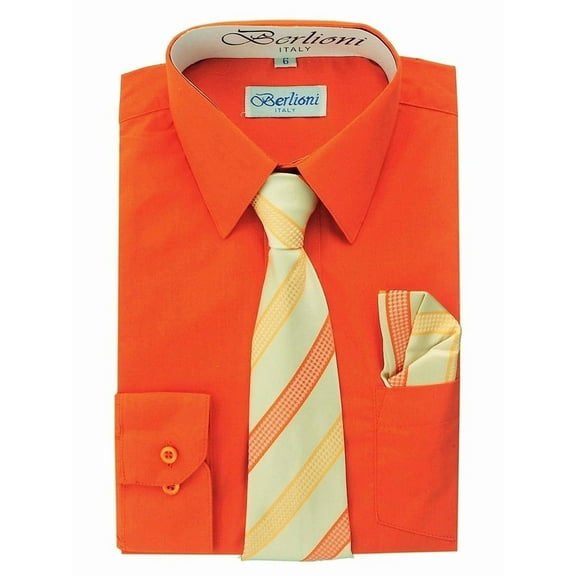 Berlioni Kids Boys Long Sleeve Dress Shirt With Tie and Hanky Orange