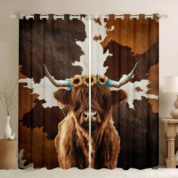 Homewish Rustic Highland Cattle Black Out Curtains,Retro Farmhouse Cowhide Curtains Pack of 2 (42x63 Each),Country Sunflower Bedroom Curtains For Kids,Super Cozy Room Decor