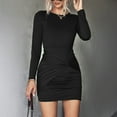 thumbnail image 2 of Robe Courte pour Femmes, Fibre de Polyester Ajustée Manches Longues Robe Courte Taille Haute Ourlet Torsadé pour Fêtes Noir, Vert OD, 2 of 8