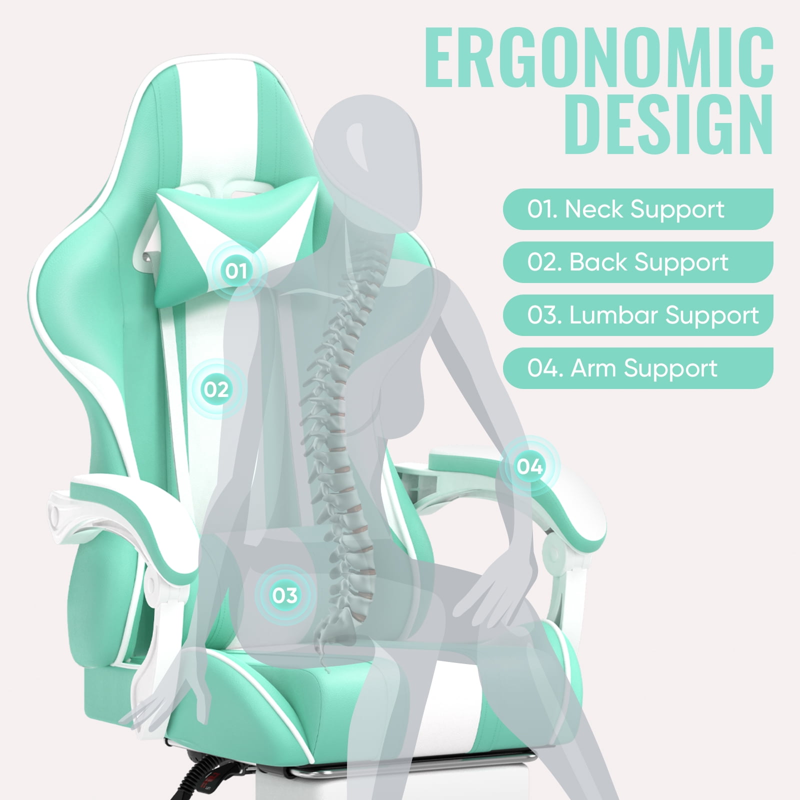 SOONTRANS Gaming Chair with Footrest, Girl Leather Gamer Game Chair for Adult, Reclining Adjustable Game Office Chairs Massage Pillows, Video Computer Chair with Bunny Ears, Green