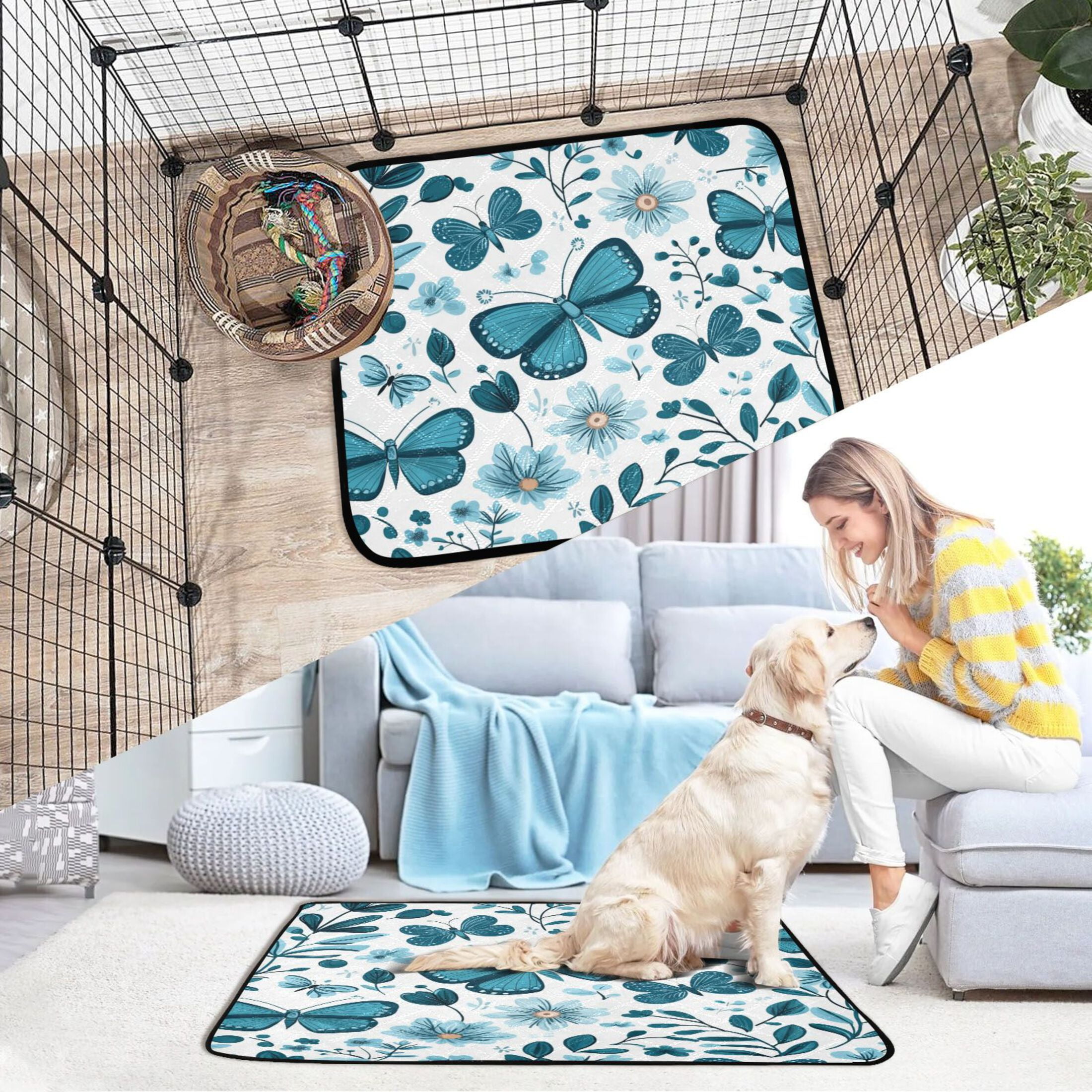 Qxltty Light Blue Butterflies Flowers and Leaves Cat litter Pads Pet Set of 3 Diaper Mats Center Anti-leakage Layer Absorbent Soft and Comfortable