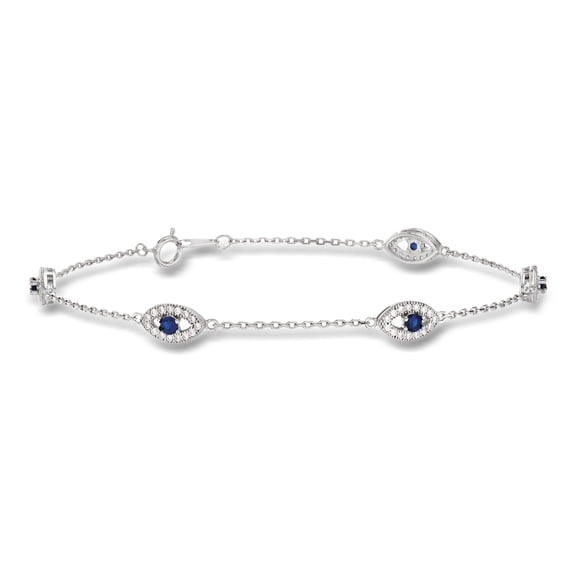 Ross-Simons 0.75 ct. t.w. CZ and .40 ct. t.w. Simulated Sapphire Evil Eye Station Bracelet in Sterling Silver, Women's, Adult