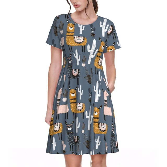 Balery Llama and Cactus Vestidos sueltos de manga corta para mujer, vestidos de verano 2025, vestidos casuales de corte A con vuelo.