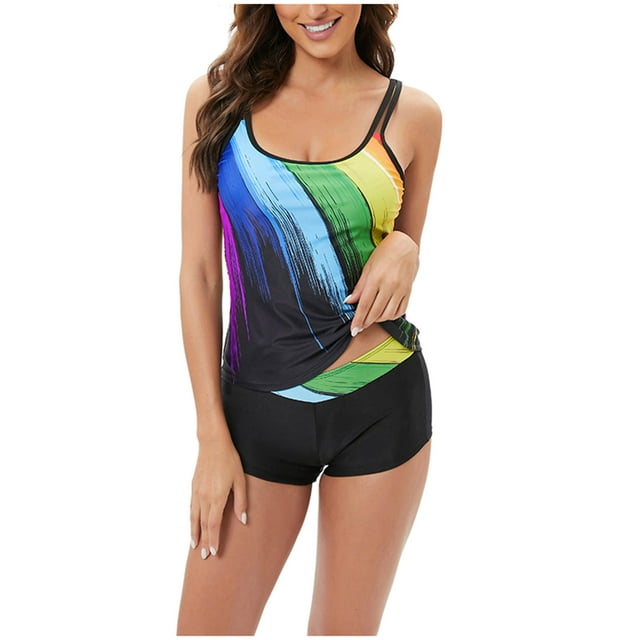 Ladies Fashion Multicolor Gradient Color Print Suspenders Boxer Pants Women's Split Swimsuit